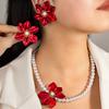Elegant Red Flower Imitation Pearl Necklace Versatile Six Petal Flower Earrings Temperament Simple Women's Jewelry Set