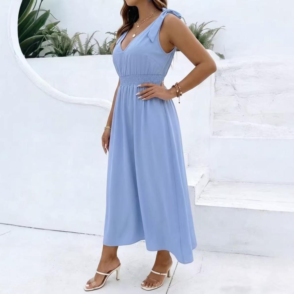 2026 New Summer Sexy Waist V-neck Bow Shoulder Strap Temperament Loose Dress