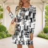 Women Plus Size Round Neck Long Sleeve A Line Flared Hem Black Printed Dress