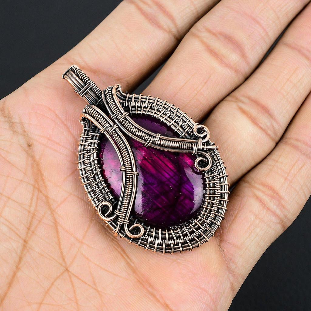 Pinker Flash Labradorit 999 Kupferdraht gewickelter Schmuck, Handgefertigter Wunderschöner Edelstein Schmuck Anhänger für Frauen