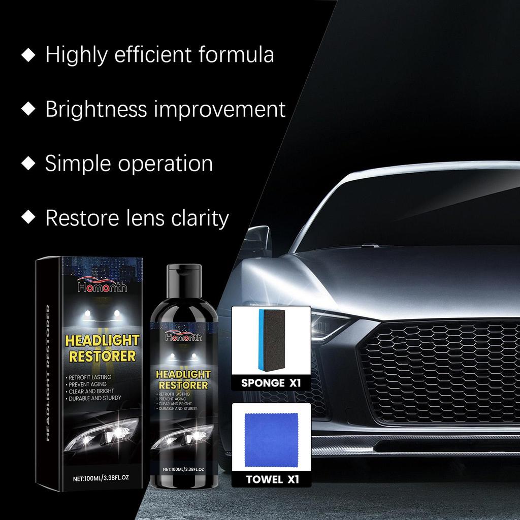 Homonth Car Headlight Restoration Liquid, Headlight Scratch Removal Agent, Car Headlight Polishing and Restoration Cleaning Kit 1 Set