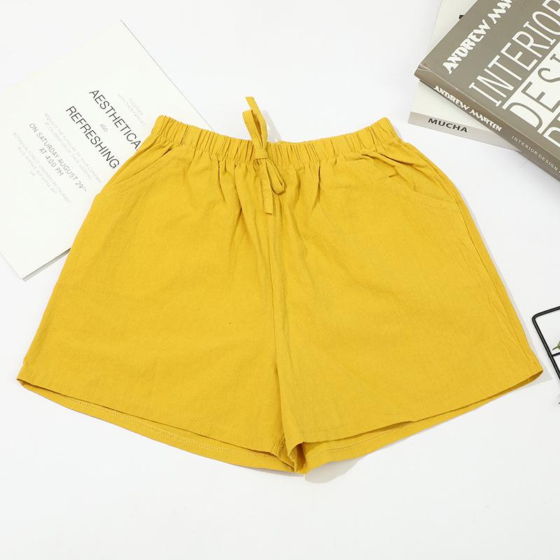

2022 Женские летние шорты с высокой посадкой из хлопка и льна, повседневные, с широкими штанинами, в корейском стиле, для похудения Medium жёлтый