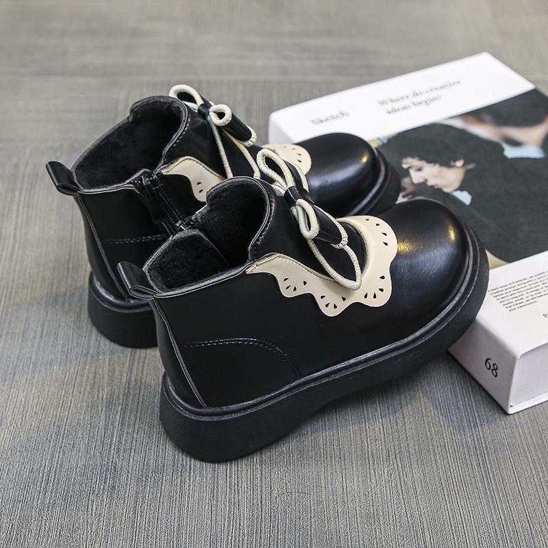 Kids Short Leather Boots Lolita Style Girls Princess Boots Thick Warm Plush Fur Fashion Children Ankle Boots Winter 2024 New