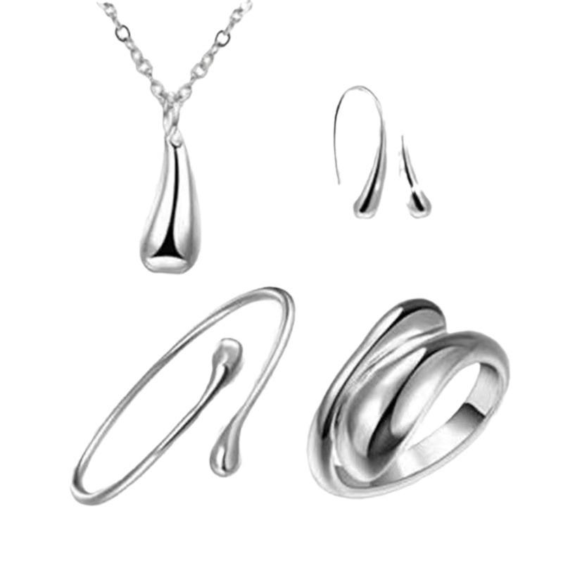 Set de bijuterii geometrice placate cu argint 925: Inel, brățară, cercei, colier cu picătură de apă - Design minimalist și elegant pentru femei.
