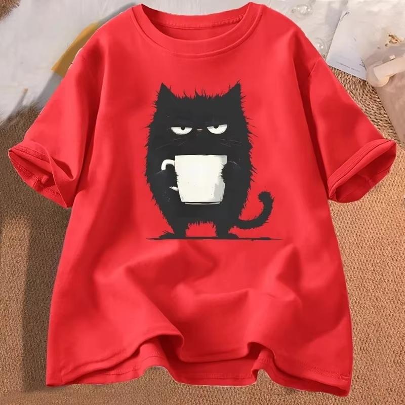 Funny Black Cat Coffee TShirt Tired Cat T Shirt Unisex Graphic Cute Cat Lover Clothes Clothing Harajuku Sleeve Aesthetic Clothes