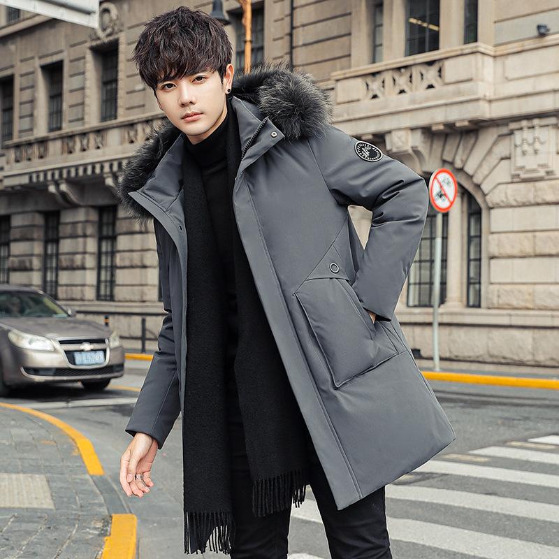 Winter Down Jacket Men's Mid-length Workwear Trendy Brand Large Fur Collar White Duck Down Cold-proof Clothing Men's Hooded Jacket Men's Clothing