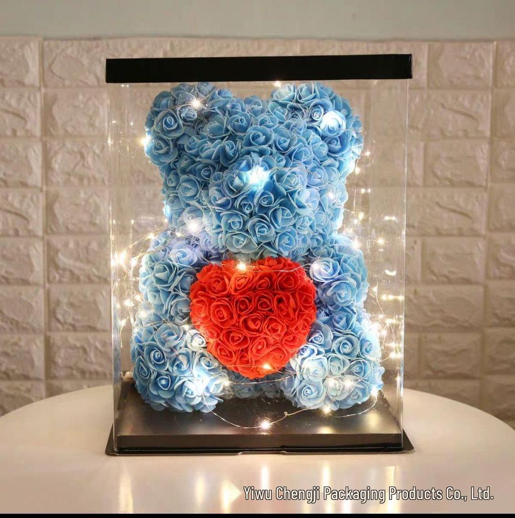 Customizable Scented Rose Bear Gift Box - Transparent Packaging, Available in 12/14/16 inch, Perfect for Christmas