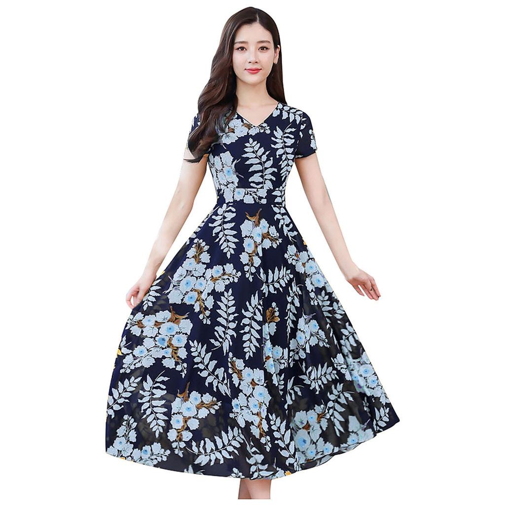 Modisches, lässiges Damen-Kleid mit kurzen Ärmeln und langem Kleid mit Blumenmuster