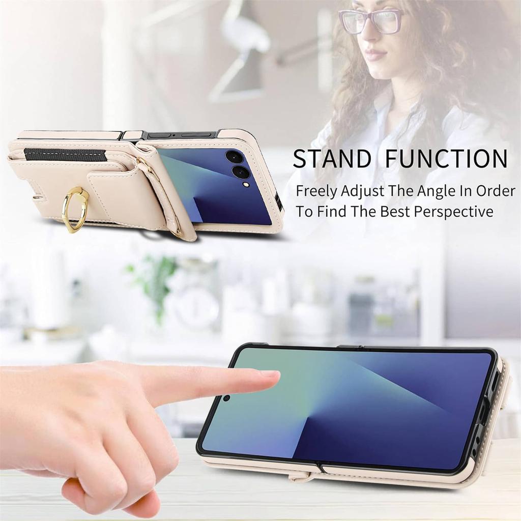 Crossbody Wallet Case for Samsung Galaxy Z Flip 7, with Finger Ring Holder, Wrist Strap, Multiple Card Slots, Stand Flip Cover