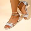 New Thick Heel Open-toed Sandals Women's 2025 Summer One-word Buckle Strap High Heel Sequins Women's Shoes Fashion Sandals Silver