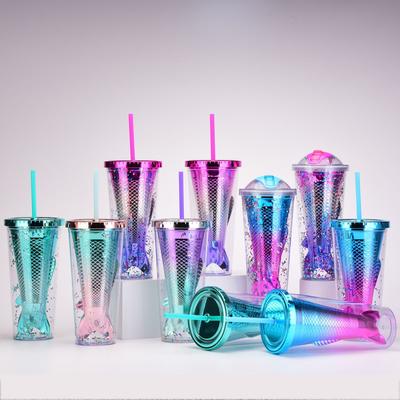 Double Layer Plastic Cup Creative Gradual Change Mermaid Tail Straw Cup Appearance Electroplating Color Sequined Water Cup