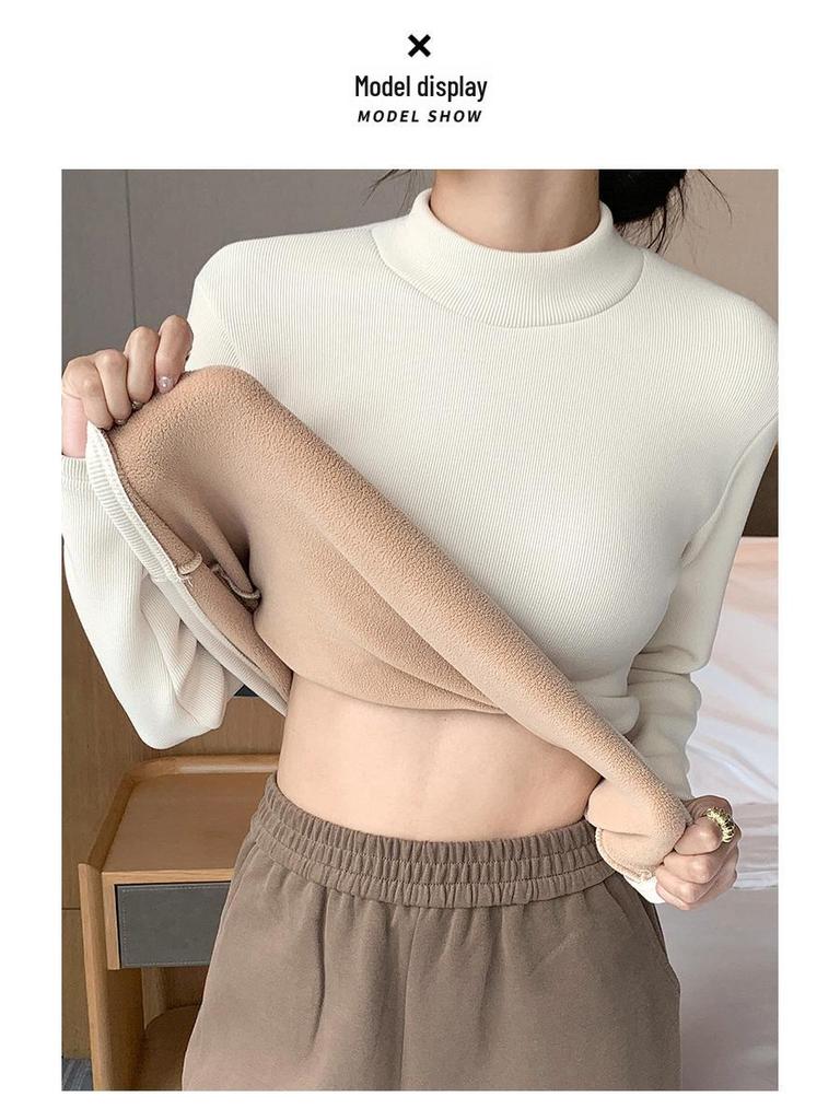 H331 Women's Slim Fit Knitted Half Turtleneck Sweater - Plus Velvet, Warm Long Sleeve Top for Autumn and Winter