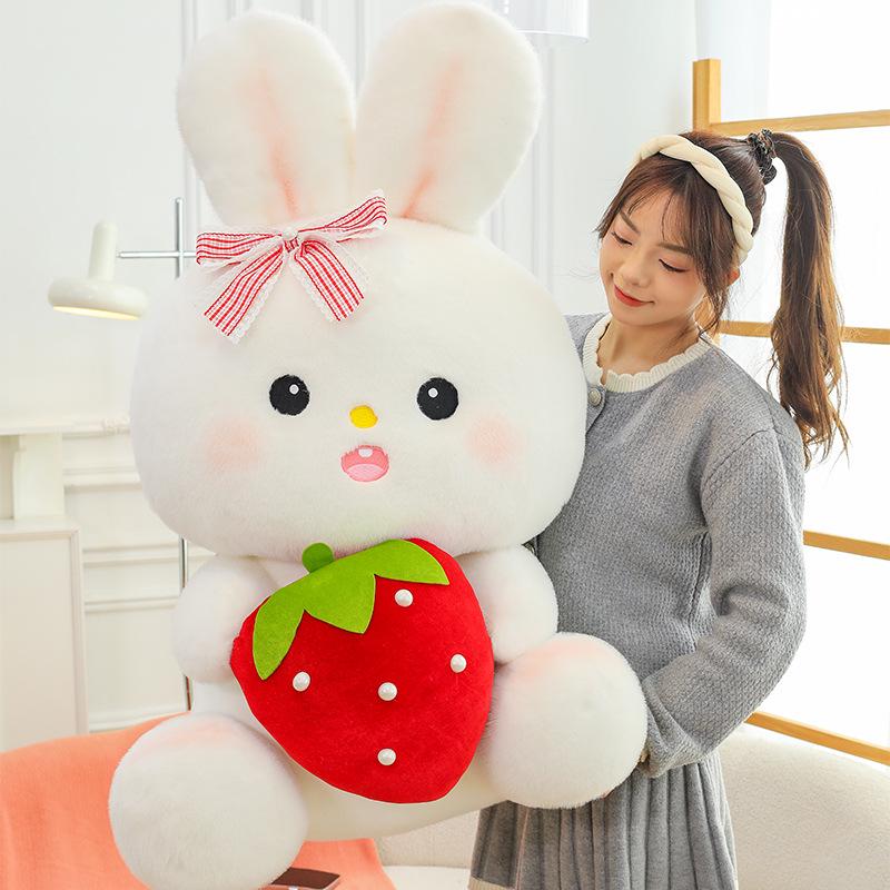 Adorable Strawberry-Holding Rabbit Plush Toy - Soothing Sleep Stuffed Animal Rag Doll for Girls' Birthdays