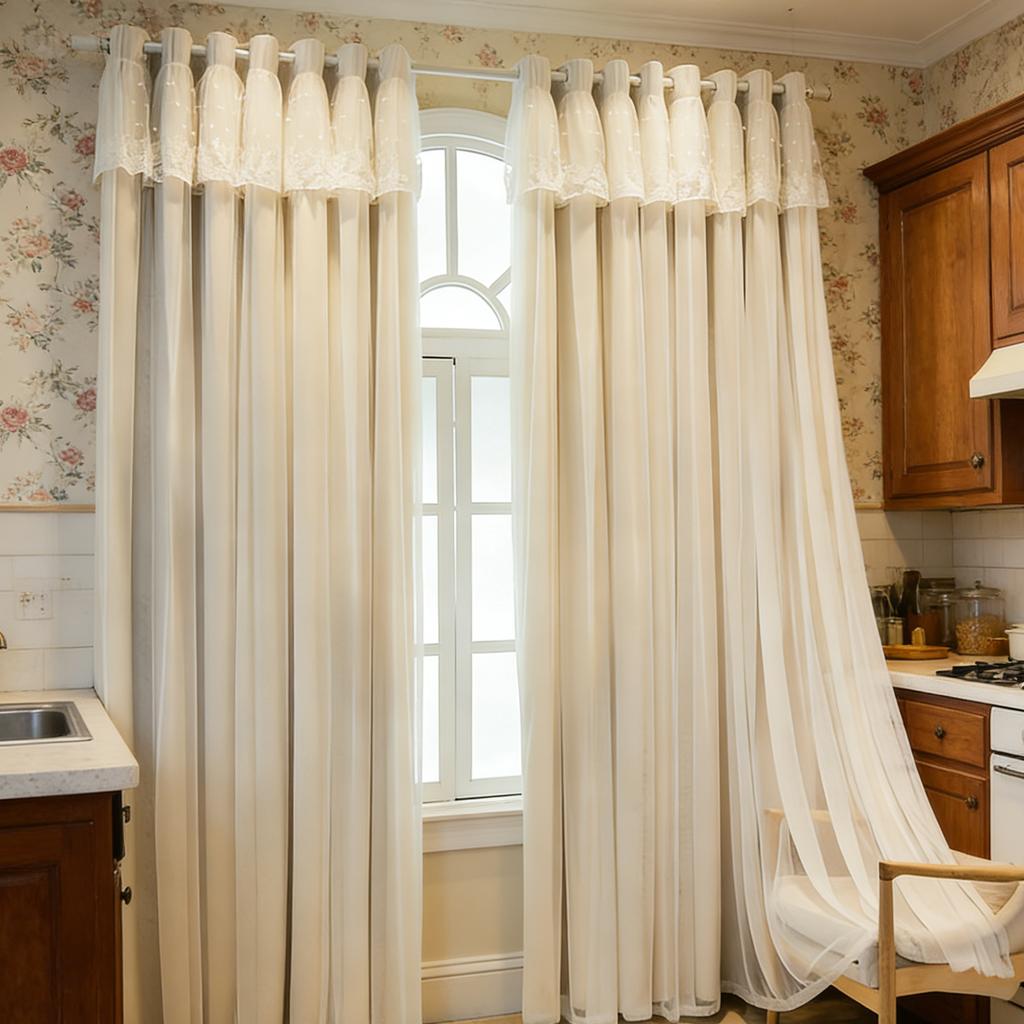 2Pcs   French Country Double Layer Curtains, Lace Sheer & High Density Blackout Arch Curtain for Living Room Kitchen