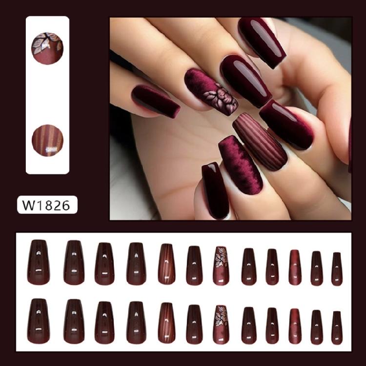 24Pcs French Press On Nail with Floral and Stripes Designs Full Cover Artificial Nail Stick On Nail for Women and Girls