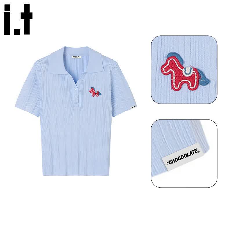 CHOCOOLATEit Women s Embroidered Polo Knit Short Sleeve Top M