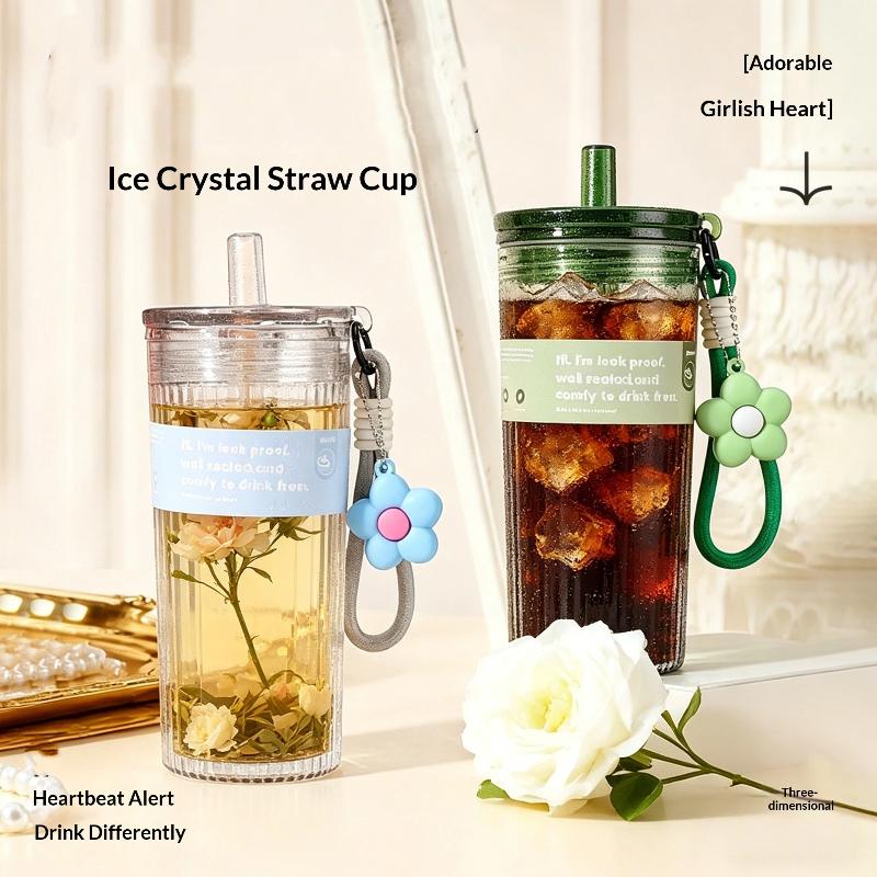 700Ml Large Capacity Summer Plastic Straw Cup Leak Proof With Flower Pendant Lid Rope Transparent