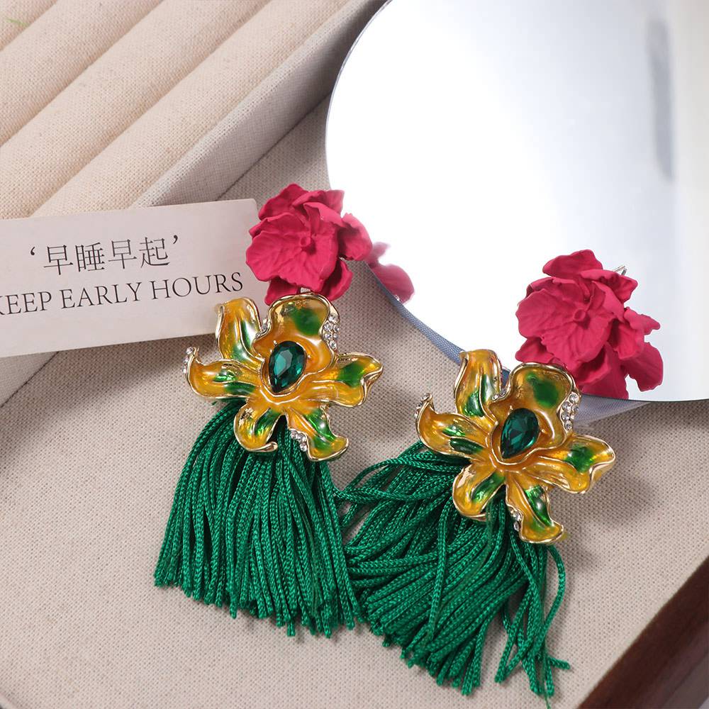Rhinestone Bohemian Earrings Women Tassel Sweet Earrings Elegant Flower Drop Earrings Party