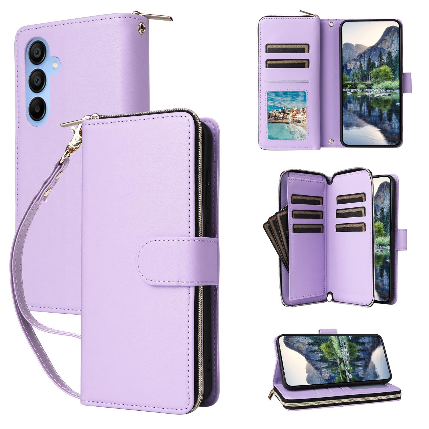 

R20 For Samsung Galaxy A15 4G/5G Case Zipper Phone Leather Cover Stand View Light Purple
