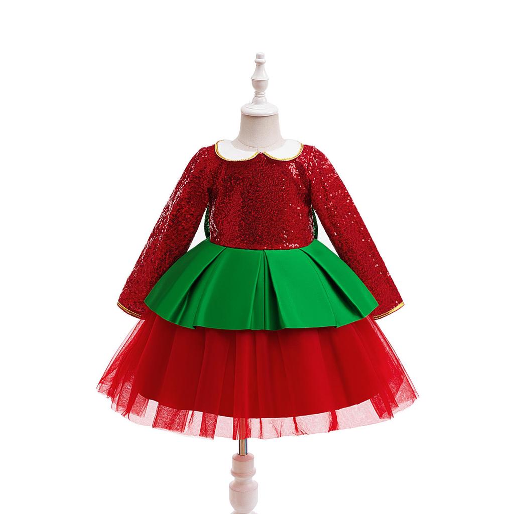 Red & Green Sequin Christmas Dress: Santa Claus Snowflake Costume, Girls' Mesh Princess Dress