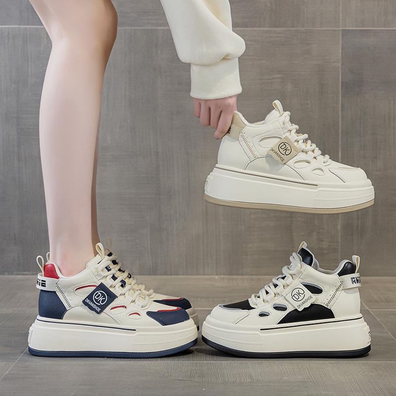 Women's Genuine Leather Velvet Platform Sneakers - Warm, Thick-Soled, Casual High-Tops for Spring 2025.