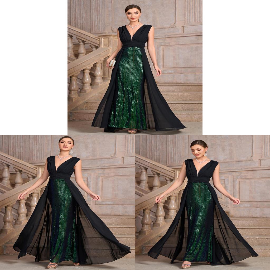 Polyester Sequined A Line Dress For Formal Parties With V Neck And Sleeveless Design