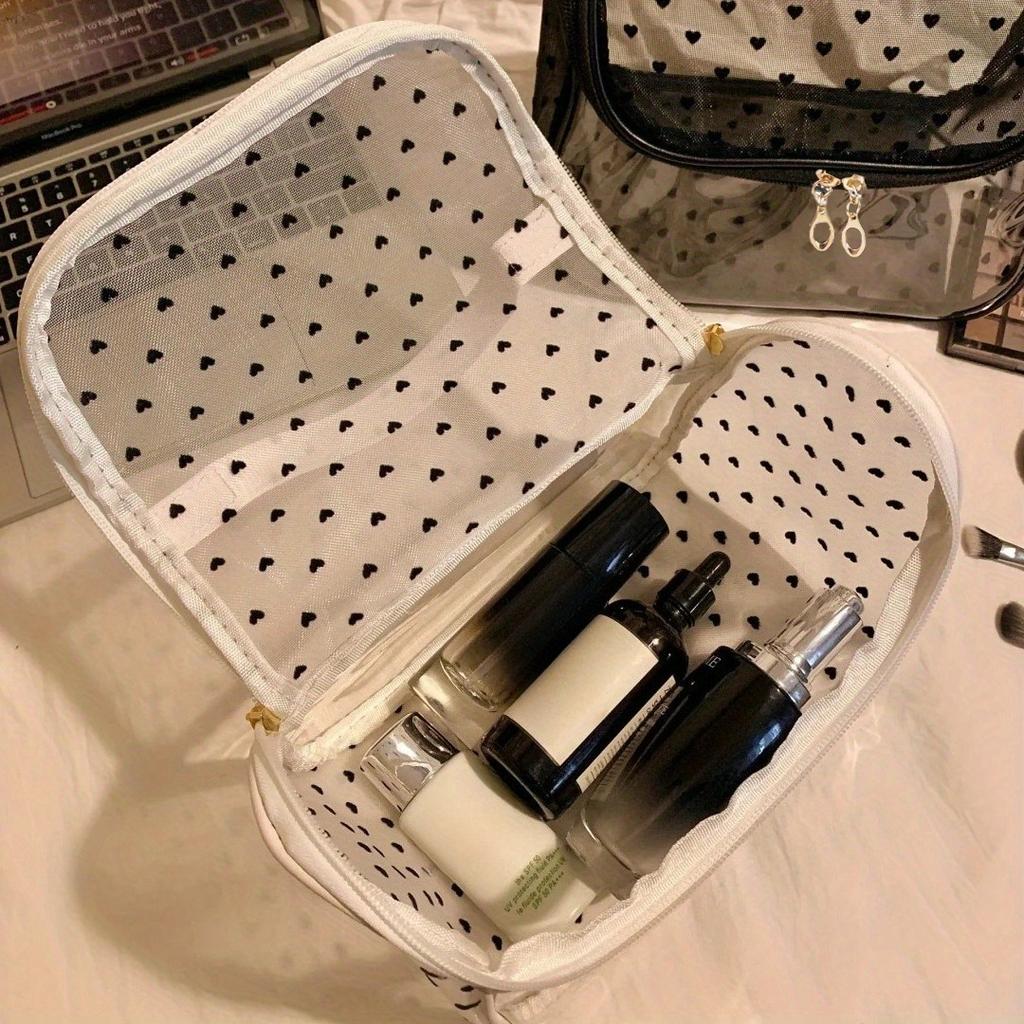 Stylish Portable Black Travel Makeup Bag, Large Capacity with Transparent Storage Pouches, Women's Mesh Washbag