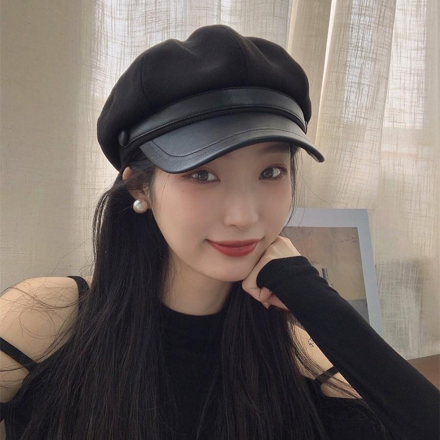 Autumn and Winter Show Face Small PU Leather Brim Octagonal Hat Women's Metal Solid Color Casual Temperament Fashionable Retro Painter Hat