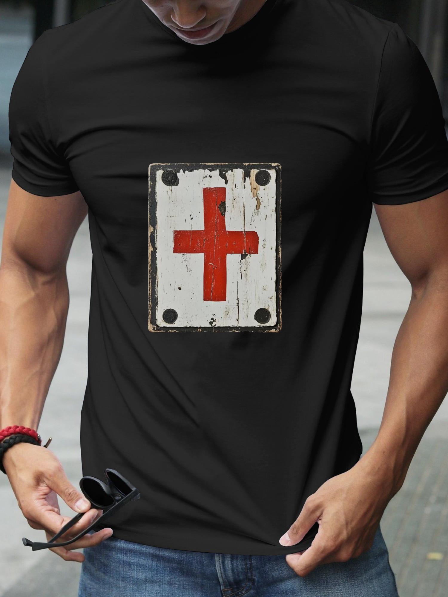 Distressed Graphic T-shirt - Bold Red Cross Streetwear Design XXL