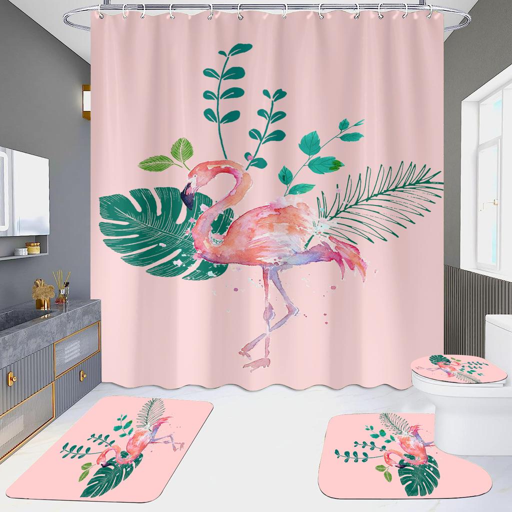 Pink Flamingo Printing Shower Curtain Set For Bathroom Non Slip Lovebird Bath Mat And Curtain Set Bath Rug Toilet Carpet