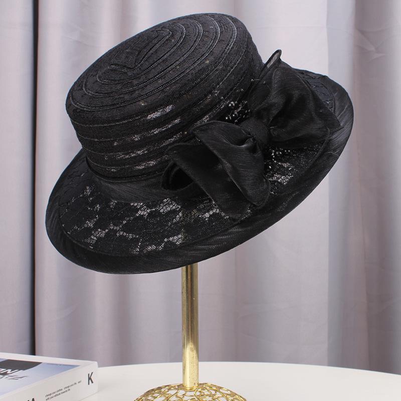 Summer beige top hat women's French retro fashion flat top straw hat breathable lace flat brim sun protection visor hat