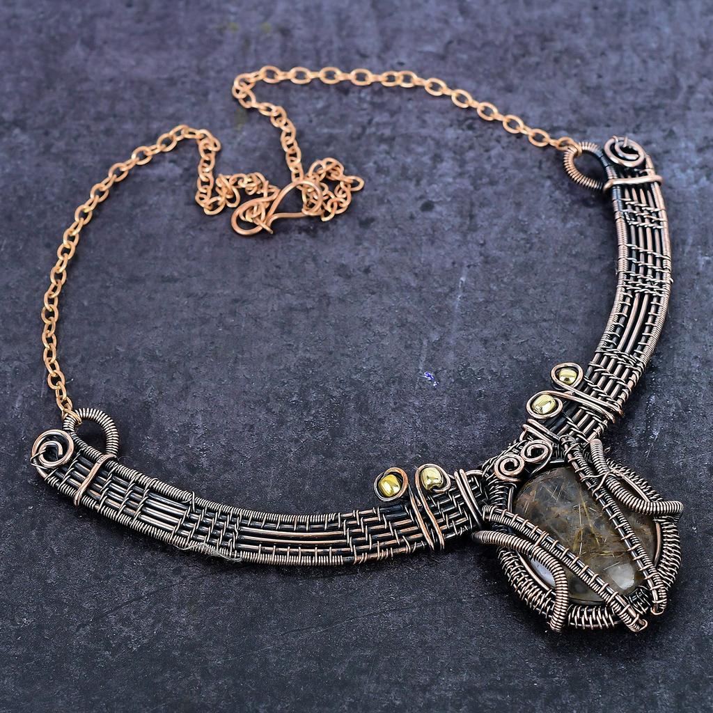 Golden Rutile Gemstone Handmade Copper Wire Wrap Jewelry Necklace 18" ET-4946