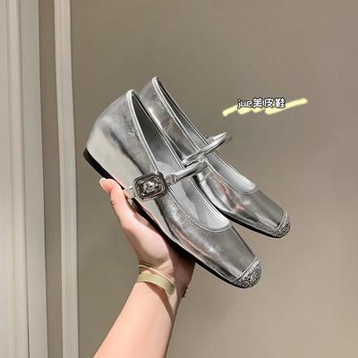 Scarpe da donna singole in argento con inserti, punta tonda, suola morbida, suola piatta, scarpe da ballo tipo ballerine con cinturino Mary Jane, da donna