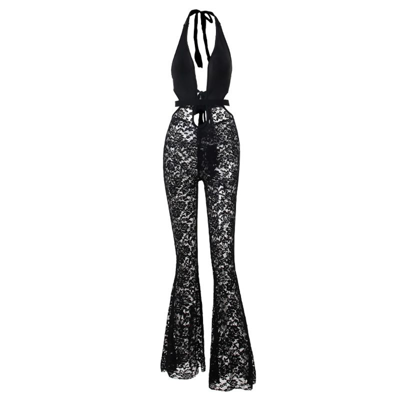 

European and American Sexy Sexy V-neck Low Cut Halterneck Jumpsuit Women s Black Lace Stitching Hollow out Strap Slim-Fit Pants Black S