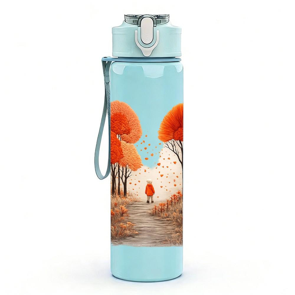 1PC Autumn Orange Red Tree Hill Scene Print 750ml Color Plastic Sports Water Bottle Leakproof Flip Straw Lid Suitable for Sports Office Home Use