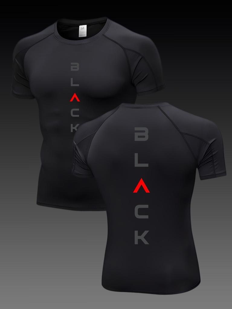 Men's Compression Shirt Quick Dry Black Gym T-Shirt "BLACK" Letter Print Workout Sportswear