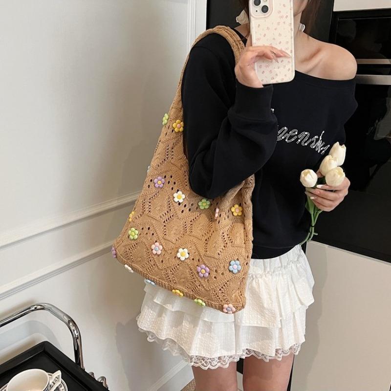 New Large-capacity Commuter Shoulder Bag Fashionable Pearl Tote Bucket Bag Casual Simple Knitted Bag Women