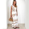 Women's Boho Floral Beach Dress Sleeveless Summer Deep V  Neck Maxi Dress Casual Smocked Flowy A-Line  Sundress Party Long Dresses for Women