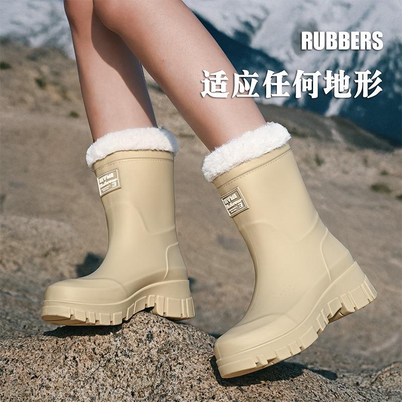 Fashion Medium Tube Rain Shoes Women's New Autumn and Winter Velvet Warm Rubber Shoes Outdoor Waterproof Shoes Non-slip Rain Boots