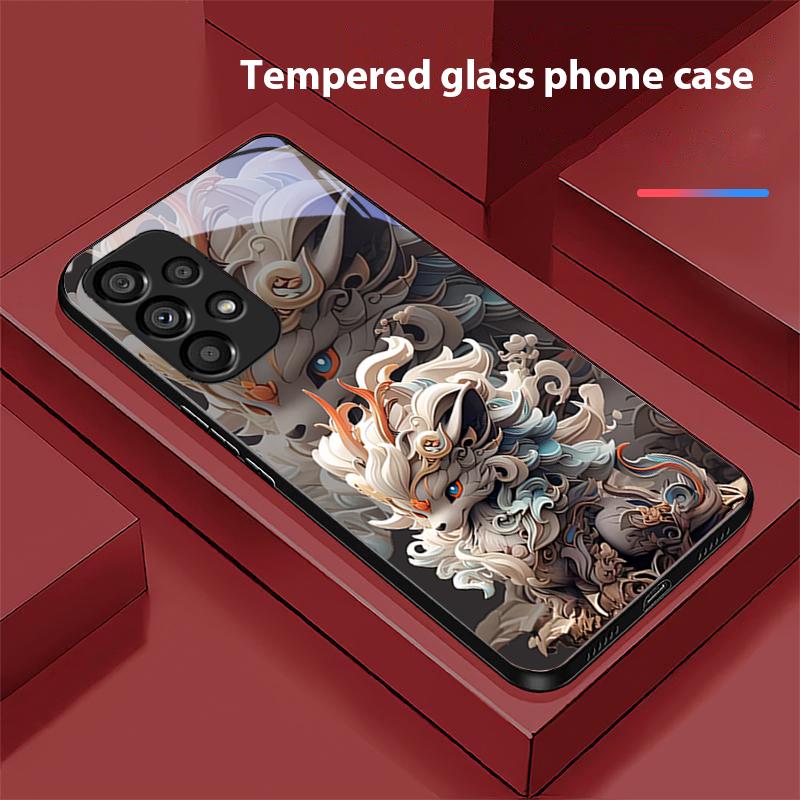 Chinese Style Lion For Samsung Galaxy S 8 9 10 20 Plus 21 FE 22 23 24 Ultra S7 Edge Black Tempered Glass Phone Case Hard Shell