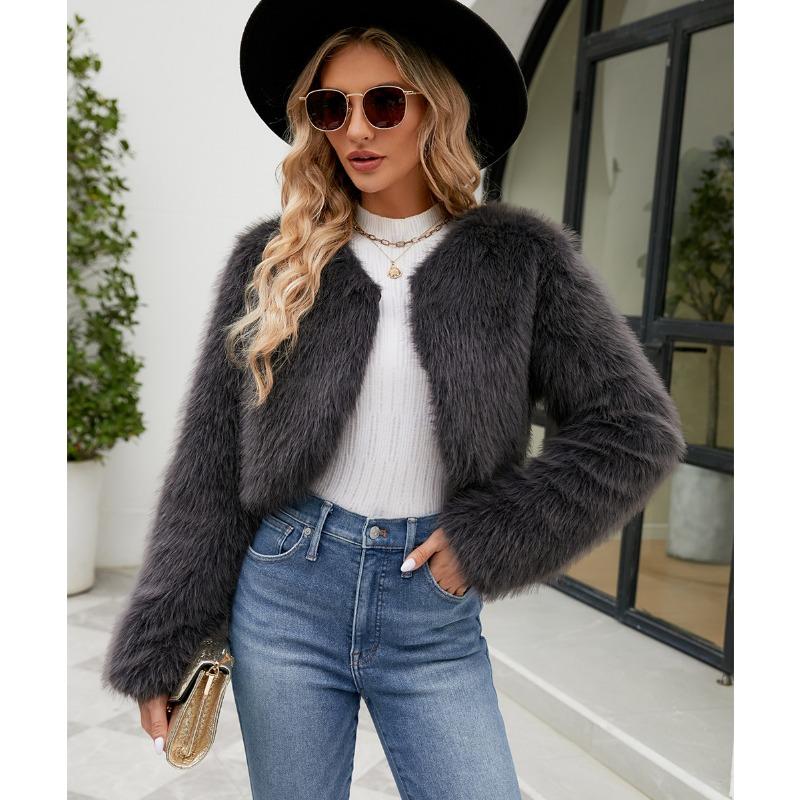 Womens Faux Fur Cropped Jacket Open Front Long Sleeve Winter Coat