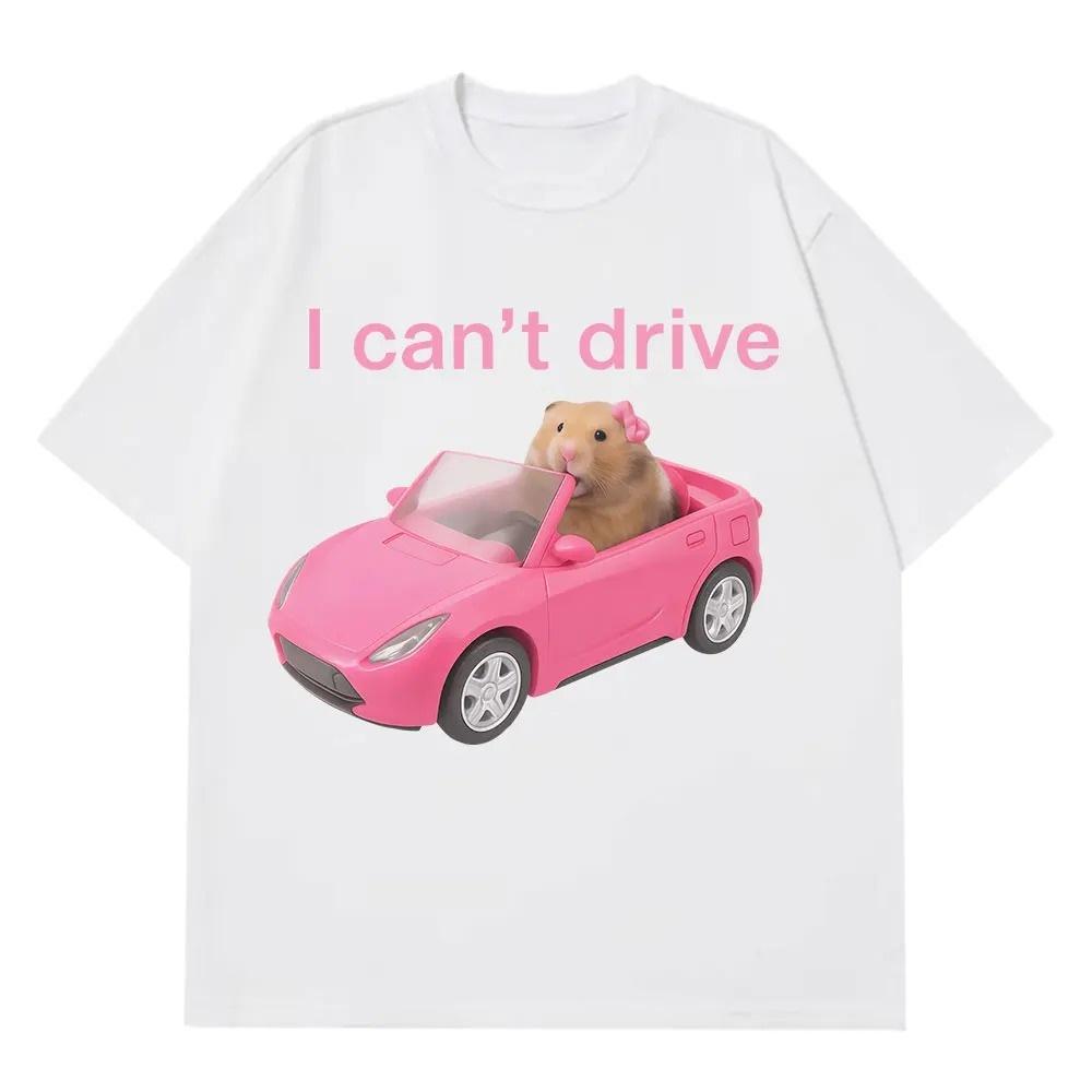 Hamster Rosa Auto Ich Kann Nicht Fahren Grafik T-Shirt Y2k Hip Hop Streetwear Cartoon Tier Unisex Lässig Schwarz Kurzarm T-Shirt Y2k