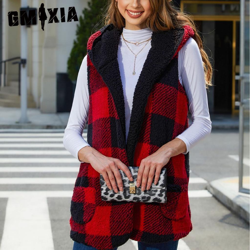 GMXIA Autumn Women's Collection Features Loose, Fashionable Hooded, Buttonless Cardigan and Plaid Plush Vest for Women