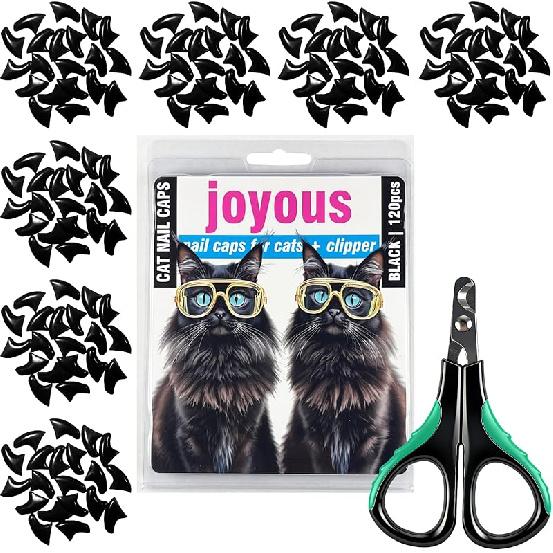 joyous 120pcs Black Cat Nail Caps with Nail Clipper Set, Cat Claw Caps with Nail Clipper Set, Pet Nail Clipper Covers for Cats with Adhesive and S