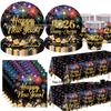 Black Gold New Year Party Set: Colorful Disposable Plates, Tablecloth, and Napkins