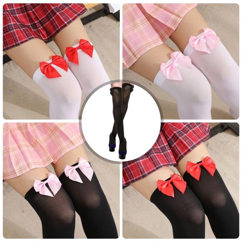 Stylish Thigh High Socks with Sweet Bowknot Accent 80D Velvets Opaque Over Knee Stockings for Women Casual and Party Use