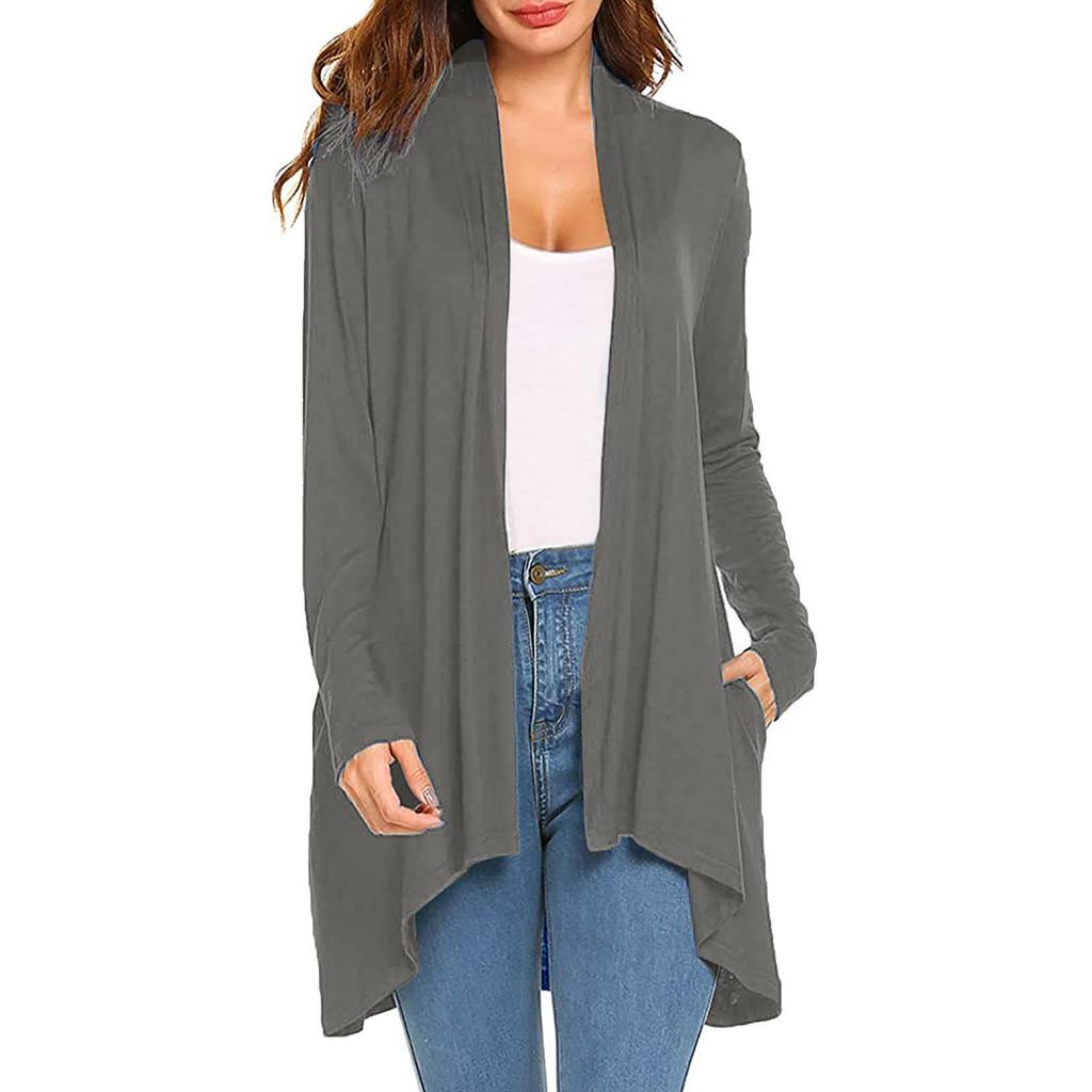 European and American Women's Knit Long Sleeve Solid Cardigan with Pockets - In Stock