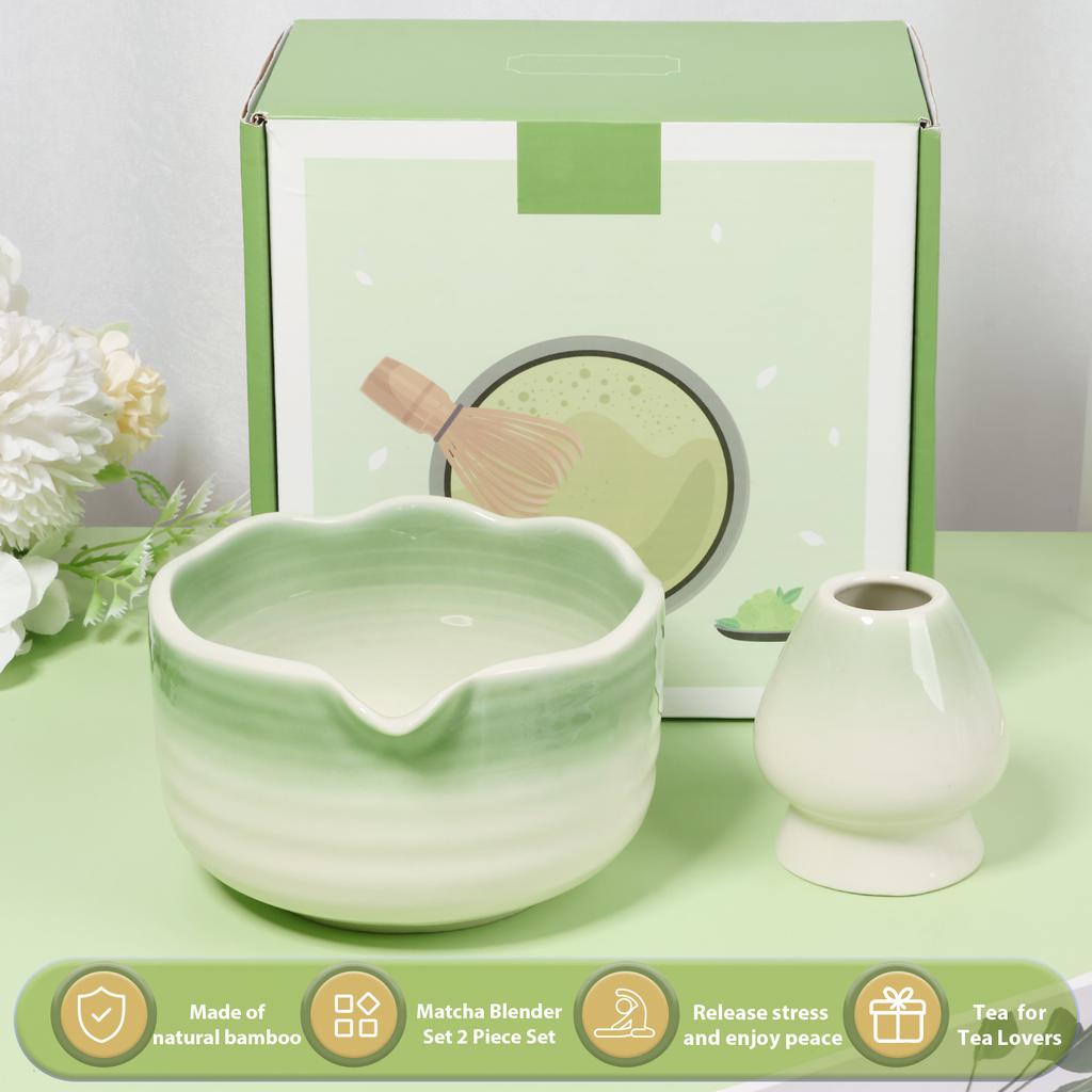2 Pcs Matcha Making Kit Gradient Color Waved Rim Design Matcha Bowls and Ceramic Tea Whisk Stand Heat Coldness Resistant Tea Set