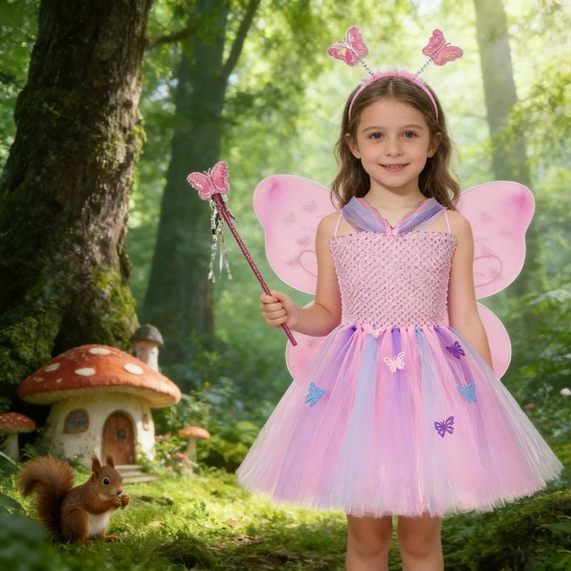 4Pcs Fairys Princess Costume Set with Butterfly Wing Angel Wand Tutus Dress Headband for Kids Little Girls