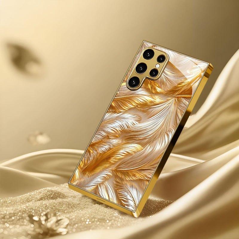 Gold-plated Tempered Glass Phone Case  Compatible Galaxy S26 S25 S24 S23 S22 Ultra Plus. Features a Gold Feather Texture Design.